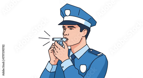 Policeman in Blue Uniform Blowing a Whistle.