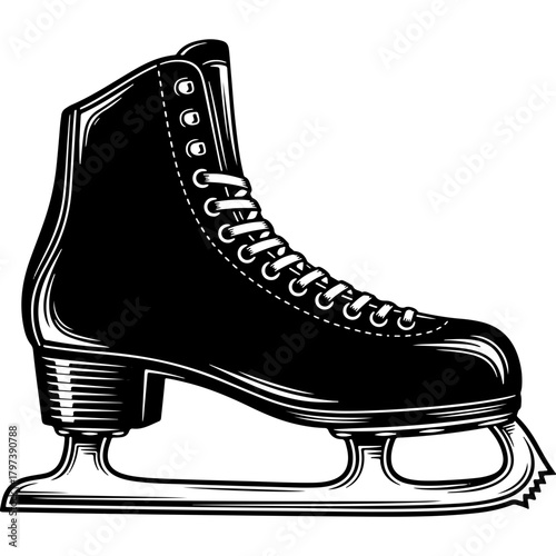 Classic Woodcut Style Vector Illustration of a Vintage Ice Skate. Perfect for Winter Sports, Holiday & Christmas Designs.
