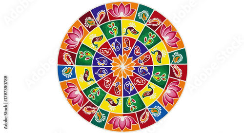 Colorful circular design w floral motifs  patterns Intricate  eyecatching