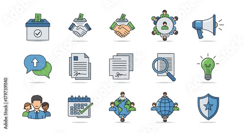 Illustration showcases icons depicting voting deals meetings documents and global teamwork