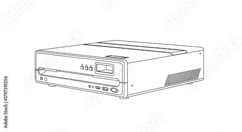 Line art of a boxy electronic device with ports vents and indicators against a plain white background
