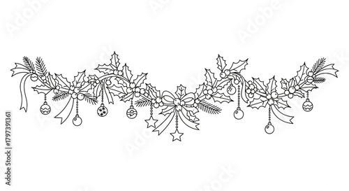 Line art of a holiday garland featuring holly berries ornaments bows stars and pine branches