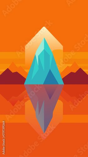 Geometric iceberg reflecting in orange hued water scape