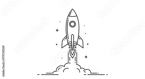 Line art of a rocket ship taking off with flames and smoke in a simplistic style
