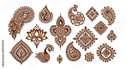Intricate henna patterns paisley lotus diamonds flowers and a peacock in earthy brown tones on a white backdrop