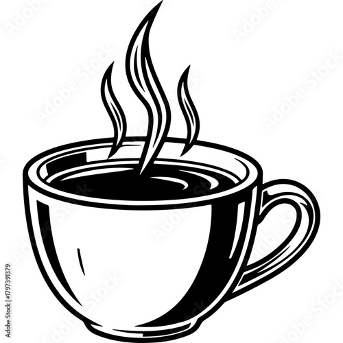 Vintage Woodcut Style Vector Illustration of a Steaming Hot Coffee or Tea Cup, Ideal for Christmas and Winter Beverage Designs