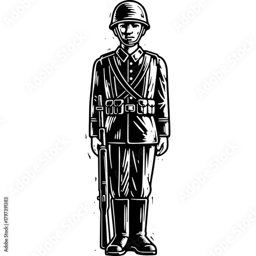 Vintage Woodcut Style Vector Illustration of a Soldier in Military Uniform Standing with Rifle, Black and White Army Art