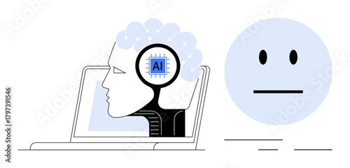 Digital head silhouette with AI chip inside emerging from laptop screen, symbolizing advanced technology, automation, innovation, and artificial intelligence. Ideal for tech, data science, machine