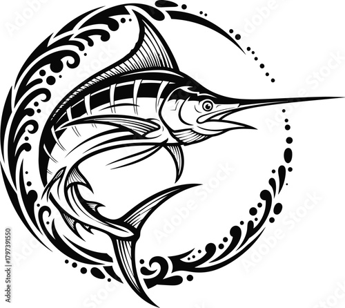 Black marlin fish vector illustration ocean sea fishing tattoo design eps silhouette