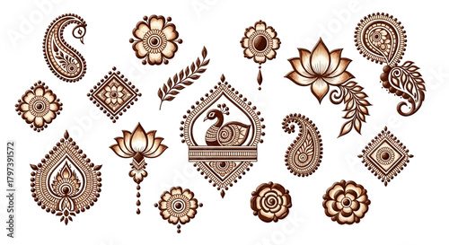 Ornate henna tattoo patterns paisley flowers lotus square peacock leaves droplets on a white background