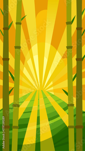 Bamboo stalks with sun rays over a green field view