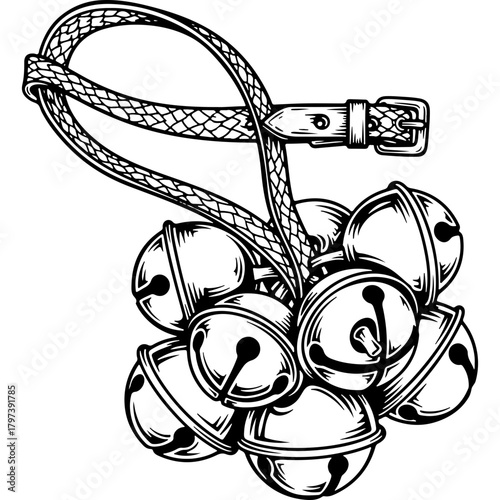 Vintage Woodcut Style Christmas Jingle Bells Vector Illustration on a Leather Strap with Buckle - Festive Holiday Decoration