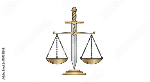 Scales of Justice Gold scales with hanging pans balanced by a silver sword