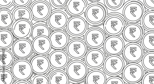 Seamless coin pattern with Indian Rupee symbols on white