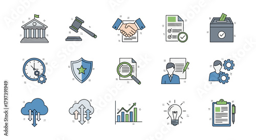 Set of 15 flat stylized icons symbolizing various business and administrative concepts