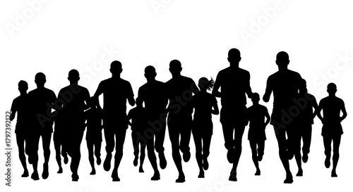 Silhouettes of runners in motion appearing to be participating in a race or marathon