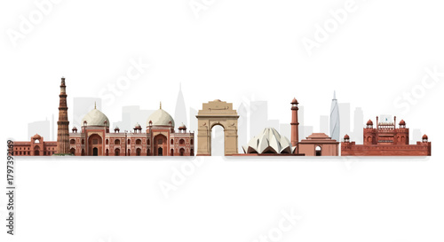 Skyline with architectural landmarks in red brown and white tones set against a hazy white backdrop