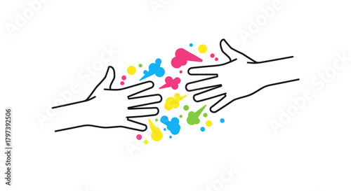 Two hands reaching out with colorful paint splatters between them.