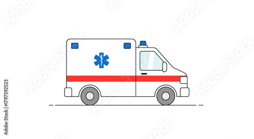 White Ambulance with Red Stripe and Star of Life Symbol.