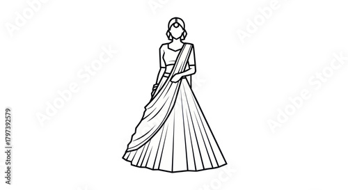 Elegant Indian Woman in Traditional Saree Outline.