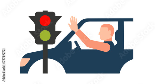 Driver waving from car at red traffic light illustration.