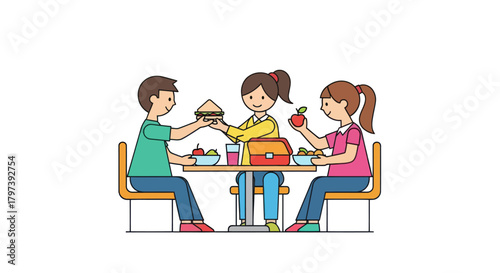 Three children sharing food and drinks at a table.