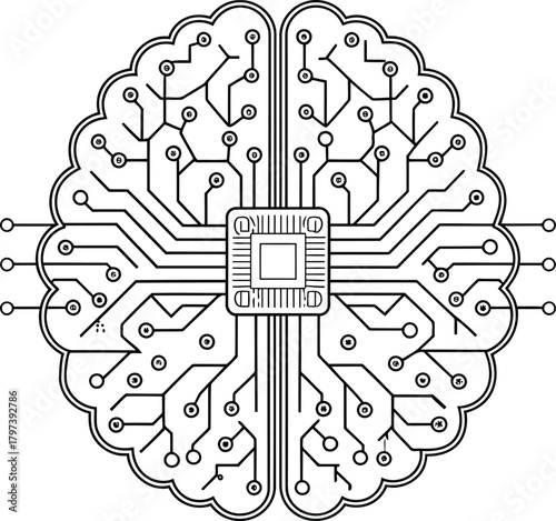 Stylized brain illustration with circuit board connections in black and white outline style