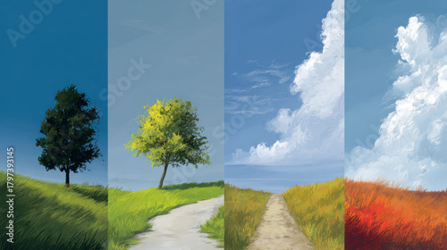 Lonely tree on grassy path under blue sky with clouds and seasons shifting light, peaceful landscape with winding dirt path and tall grass
