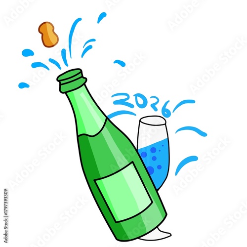 Colorful new year celebration icon set featuring champagne bottles,party hats,fireworks,confetti poppers and festive decoration,hand drawing cartoon style with bright colors