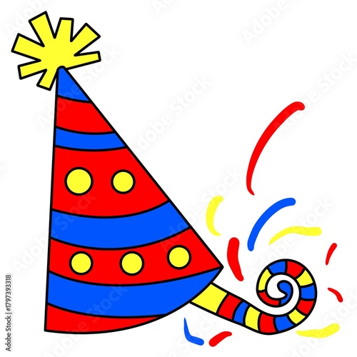 Colorful new year celebration icon set featuring champagne bottles,party hats,fireworks,confetti poppers and festive decoration,hand drawing cartoon style with bright colors