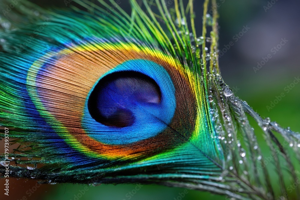 Naklejka premium Vibrant peacock feather glistening with water droplets in a natural setting