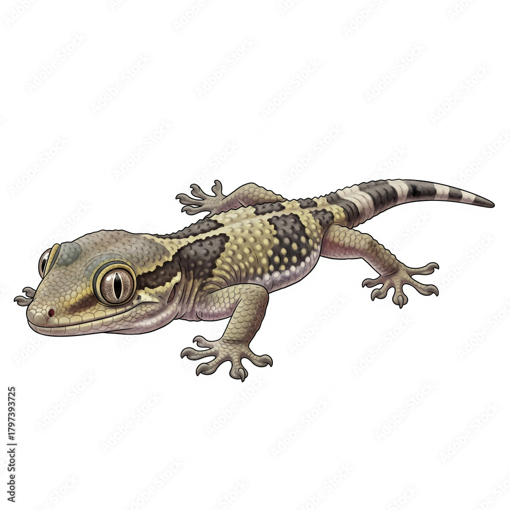 Naklejka premium A detailed scientific illustration of a gecko with large eyes and a black and white striped tail on a plain white background.