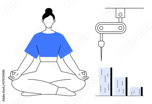 Woman sitting cross-legged calmly meditating next to a robotic arm and a bar graph, symbolizing harmony between technology, productivity, and mindfulness. Ideal for wellness, innovation, automation