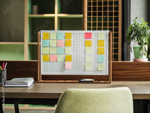 Team with Kanban Board, Kanban board with colorful sticky notes on wooden desk in modern office with plant