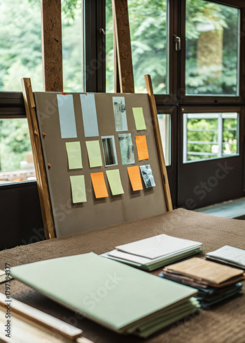 Team with Kanban Board, Sticky notes and papers on board in creative studio corner with natural light and green view