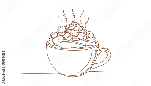 This is a continuous line sketch of a warm cup filled with hot chocolate and marshmallows, great for winter beverage themes. Vector illustration

