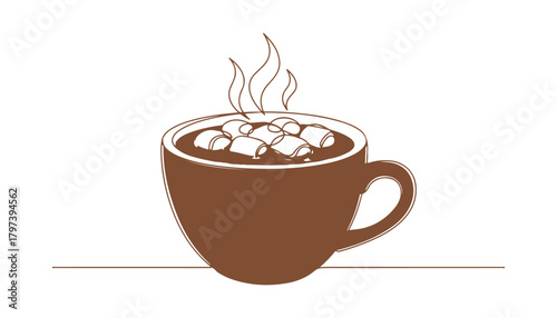 Take a look at this continuous line illustration of a cozy cup full of hot chocolate and marshmallows, perfect for winter beverage designs. Vector illustration