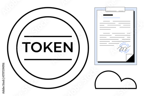 Digital token surrounded by lines, document with an electronic signature, and cloud. Ideal for technology, authentication, blockchain, security, data storage, finance and communication themes