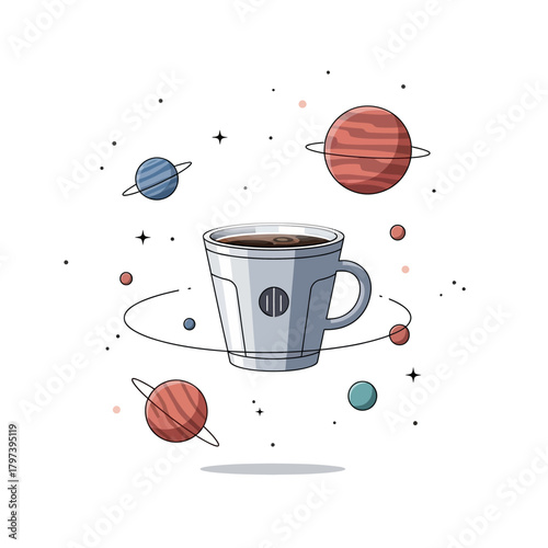 A stylized coffee cup floating in space, surrounded by planets and stars, depicting a cosmic beverage theme.