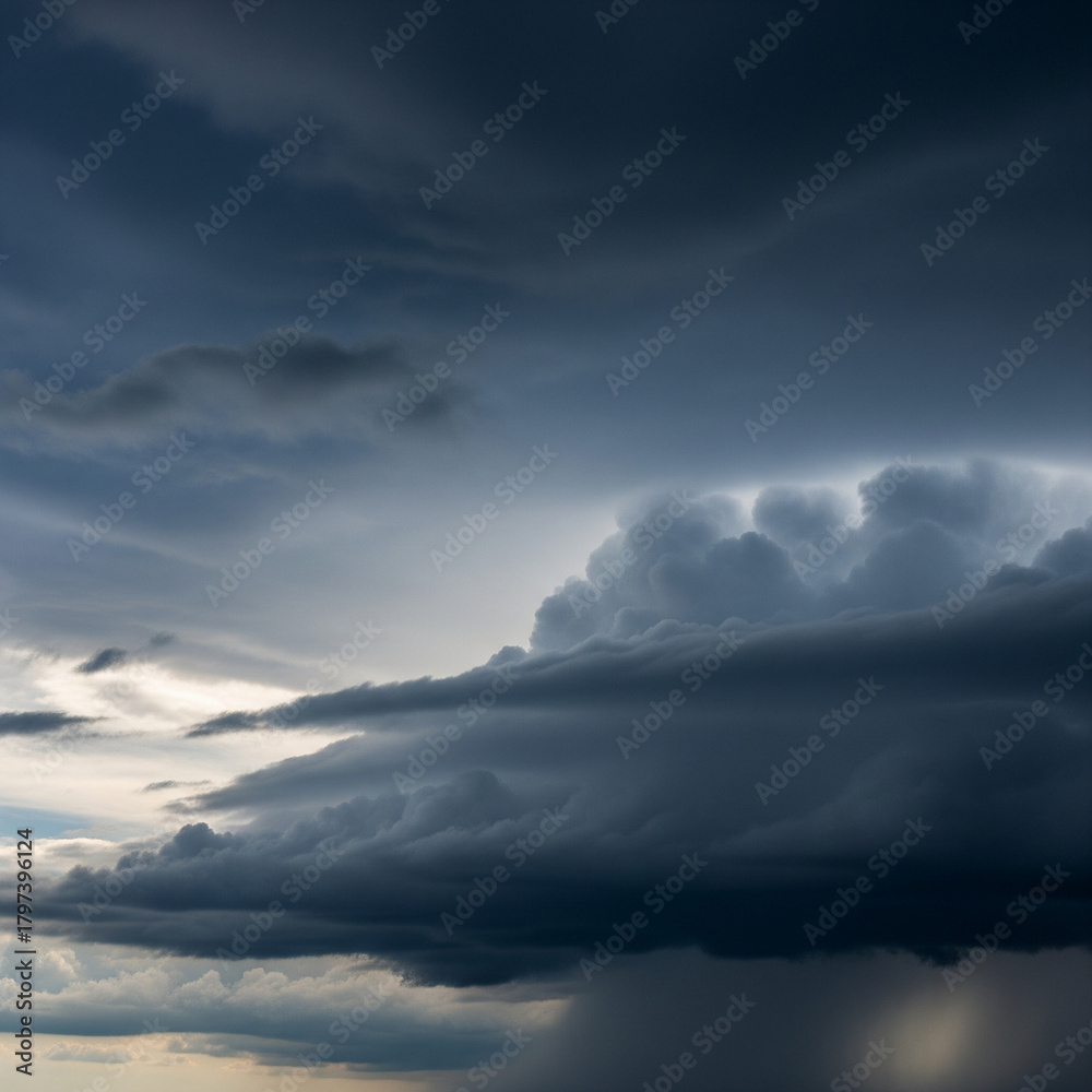 Obraz premium Dramatic view of a cumulonimbus cloud formation, showcasing a dark, ominous sky with rain.