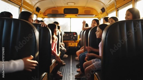 Interior view of a yellow school bus filled with students during a bright sunny day travel ride