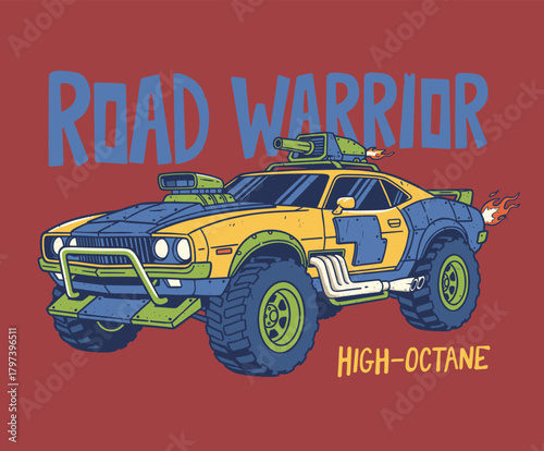 Road Warrior Monster Car Art.Post-Apocalyptic Vehicle Graphic.High-Octane Retro Muscle Car.Furious Off-Road Battle Machine.Vintage Style Custom Hot Ro