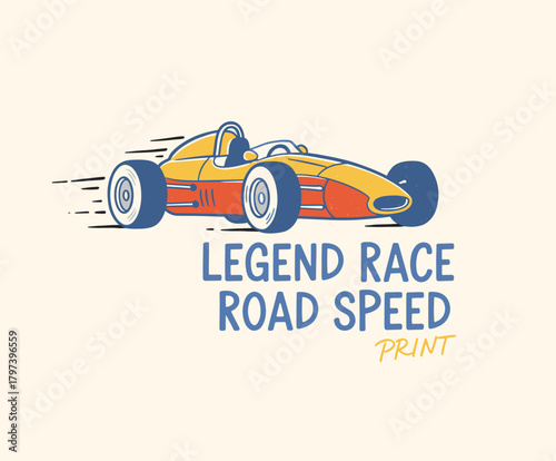 Retro Race Car Legend.Vintage Speed Racer Emblem.Classic Open Wheel Graphic.Hand Drawn Racing Badge.Motorsport T-shirt Design