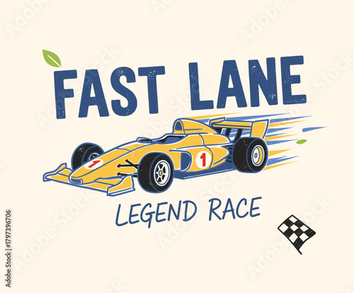 Retro Race Car Vector.Fast Lane Racer Print.Vintage Open Wheel Graphic.Grunge Race Car Art.Motorsport Speed Emblem