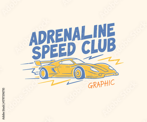 Adrenaline Speed Club Badge.Retro Supercar Vector Graphic.Vintage Racing Car T-shirt Art.High Velocity Auto Emblem.Motorsport Distressed Print