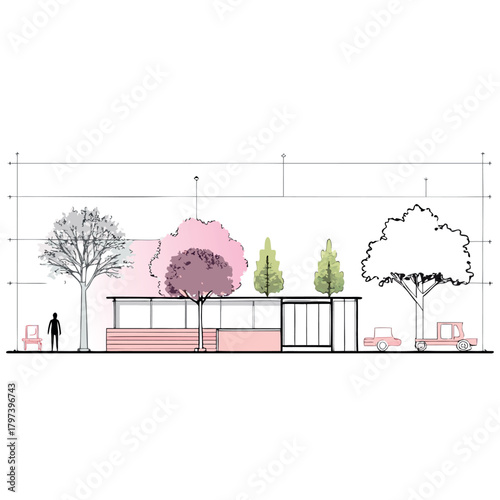 Minimal modern house elevation with flat roof, pastel pink walls, large glass doors, rooftop terrace, surrounding trees, human figures, and clean architectural line drawing style.