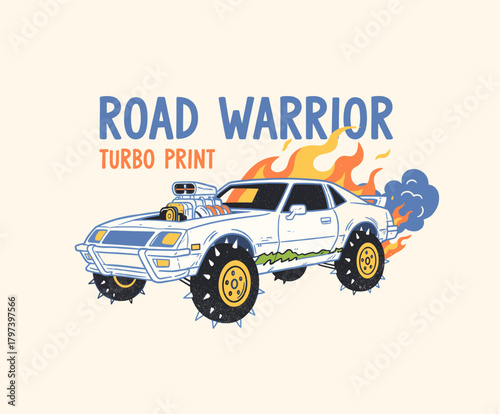 Road Warrior Turbo Print.Retro Muscle Car Vector.Burning Hot Rod Design.Apocalypse Racing Graphic.Spiked Wheels Monster Car