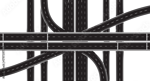 Black and white illustration of a complex highway interchange