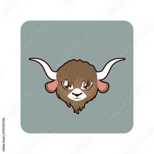Cute Cartoon Yak Head with Long Horns in Rounded Square Frame, Animal Character