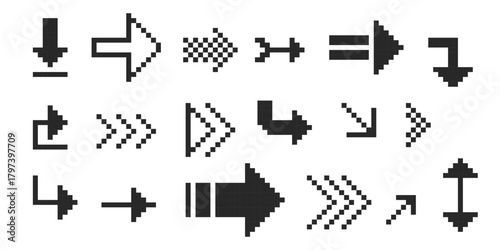 Pixel arrow set. Pixel art different directions 8 bit gaming console style sign. Interface icon. Collection